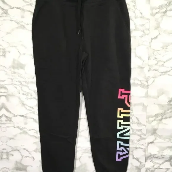 NWT VS PINK EVERYDAY LOUNGE SKINNY JOGGER SWEATPANTS BLACK/RAINBOW LOGO PRINT - Picture 7 of 14
